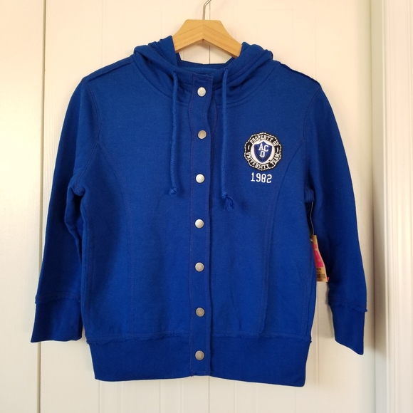 B1G1FREE❤ 3/4 sleeve button up hooded blue sweater